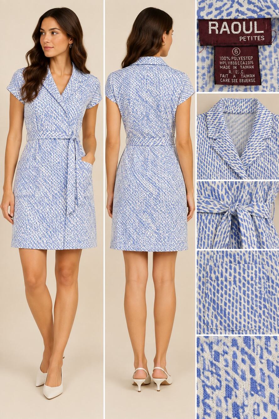 Vintage 80s Raoul Petites Dress Size 6P Blue White Belted Shirt Dress Pocket